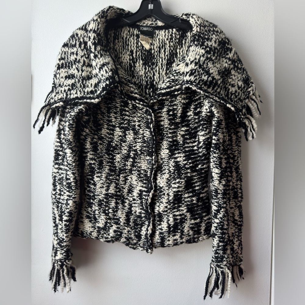 Tomaso Stefanelli Shawl Collar Knitted Cardigan Black and White Women's Sweater